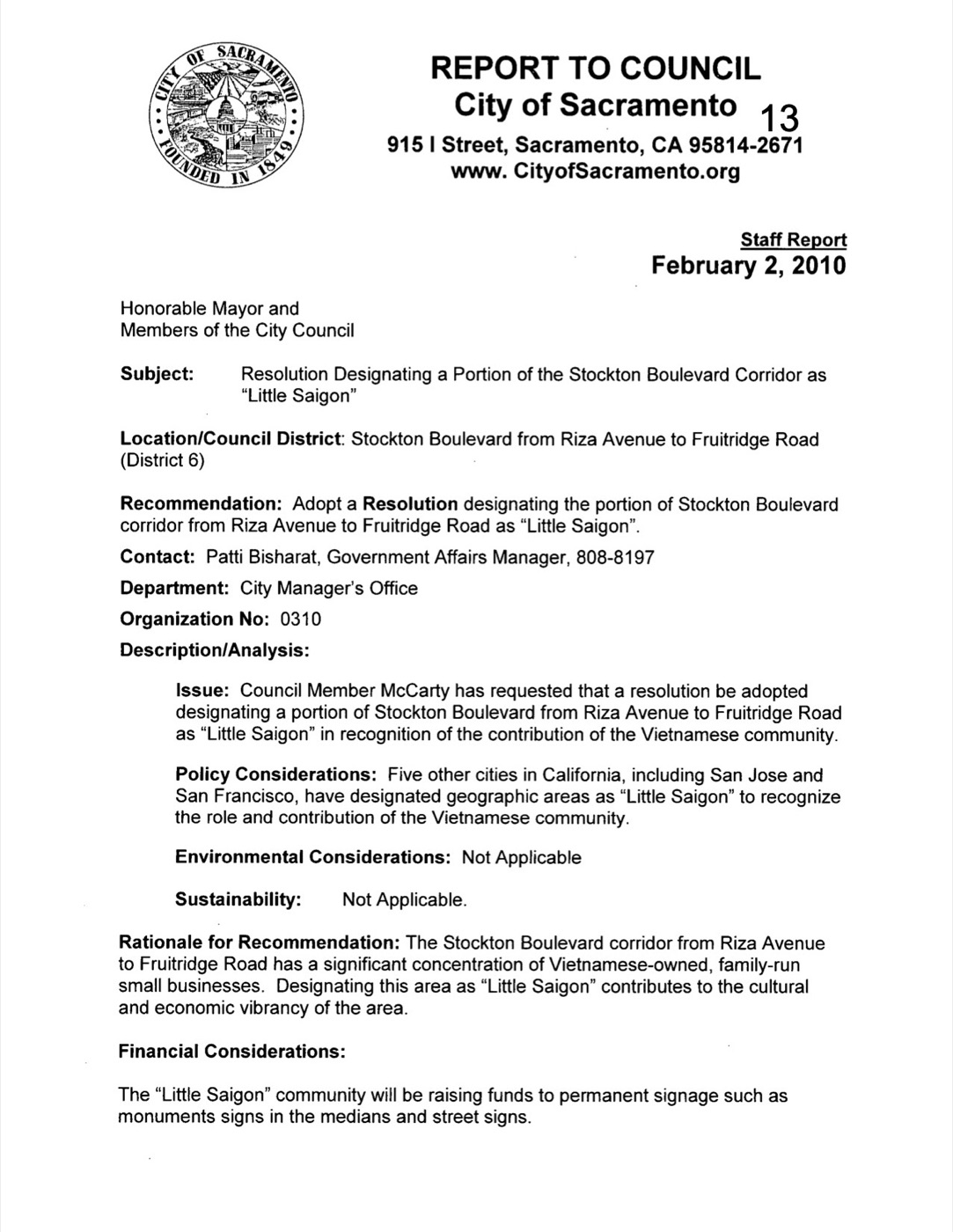 City of Sacramento — Report to Council (PDF)